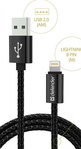 Defender ACH01-03T Pro 1m Black USB2.0 LightningM кабель