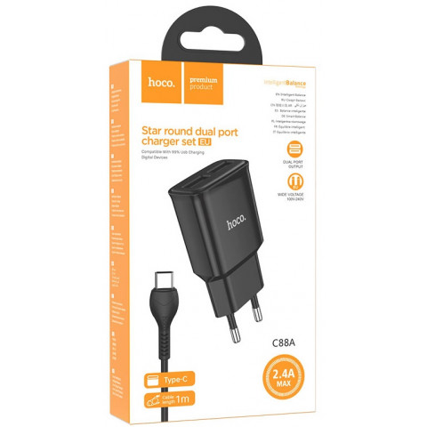 Hoco C88A 2.4A Black 2USB Type-C зарядное устройство